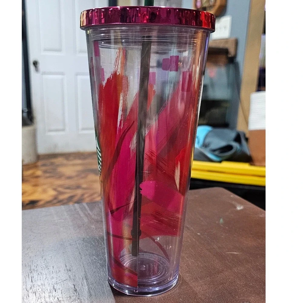Starbucks‎ 2014 Red Magenta Brushstroke Venti Cold Cup Tumbler 24oz With Straw